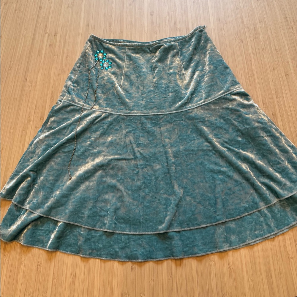 Vintage Veeko Teal Velvet Tiered Miniskirt with Floral and Chain Embellishments